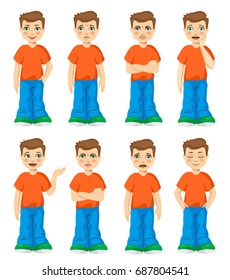 Boys different emotions vector illustration. Shocked and wonder standing kid, and unhappy and surprised boy expressions isolated on white background