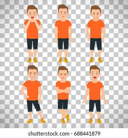 Boys different emotions vector illustration. Shocked and wonder standing kid, surprised and unhappy boy expressions isolated on transparent background