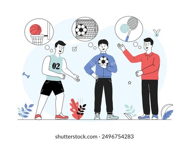 Boys with different interests. Friends with different hobbies and leisures. Tennis, football and basketball. Active lifestyle and sports. Linear vector illustration isolated on white background