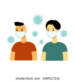 Niños de diferentes razas con máscaras blancas para protegerse de los virus y la contaminación. Ilustración vectorial del virus plano Corona en China.      Concepto de cuarentena del coronavirus