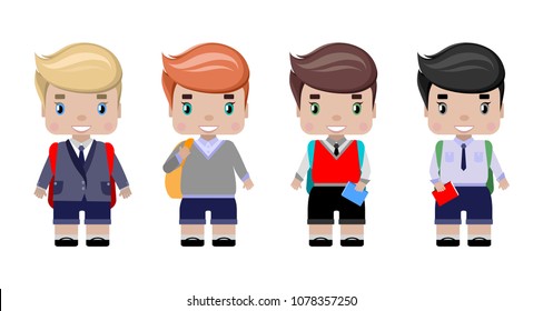 boys, in different school uniform, with school backpack, diary, smile (first graders).in cartoon style