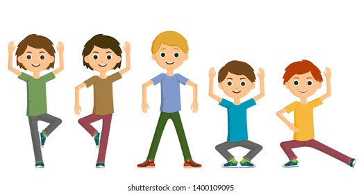 Boys do exercise. Excellent preparation, healthy lifestyle. Various exercises for a healthy body. Vector illustration.