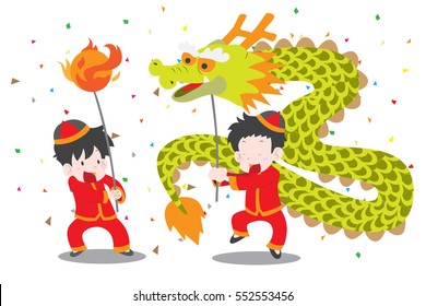 Boys Doing Chinese Dragon Dance Cute Vector Illustration For Chinese New Year Themed Greeting Card Or Post Card