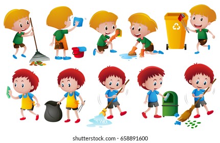 Boys doing different chores illustration