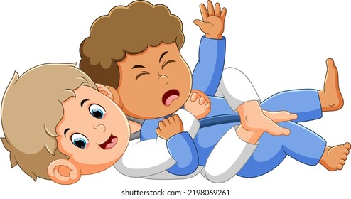 The boys are doing some judo trick and locked his friend's body of illustration