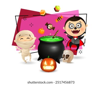 Niños con disfraces de Drácula y momia celebrando Halloween. Poción hirviendo en caldero, linterna de calabaza, calavera y dulces sobre fondo. Concepto de partido. Ilustración vectorial para cartel o Anuncio