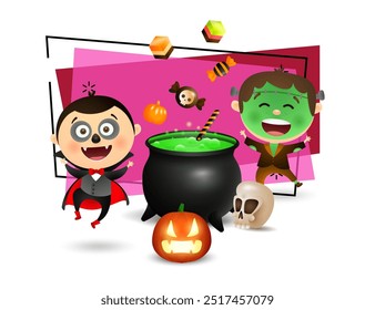 Boys in Dracula and zombie costumes celebrating Halloween. Boiling potion in caldron, pumpkin lantern, skull and sweets on background. Party concept. Vector illustration for poster or banner