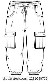 boys drawstring waist cargo pant flat sketch vector illustration technical cad drawing template