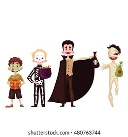 Boys dressed in costumes for Halloween, cartoon style vector illustration isolated on white background. Skeleton, mummy, zombie vampire fancy dresses for Halloween carnival. Trick or treat tradition