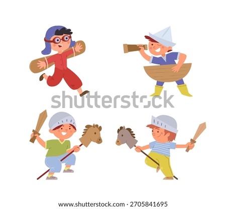 Boys dressed up in knights, sailor and pilot. Happy Kids play wooden swords, run with handmade airplane wings, looking through toy telescope in sailors hat. Isolated vector illustration set