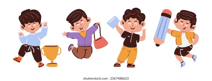 Boys and educational concept . Set of cute cartoon characters . Hand drawn style . White isolate background . Vector .