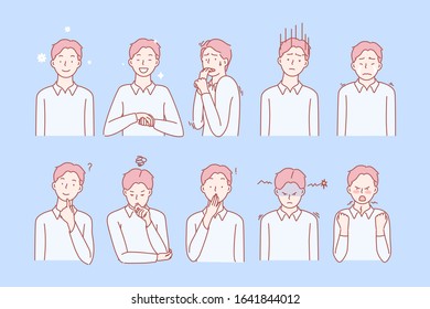 Boys emotions and facial expressions set concept. Illustration or collection showing different emotions of boy. Child demonstrates of positive and negative facial expressions. Simple flat vector