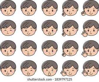 Boys' emotions, various facial expression sets