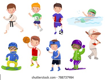 Boys exercising and playing different sports, kids doing sports cartoon vector Illustrations