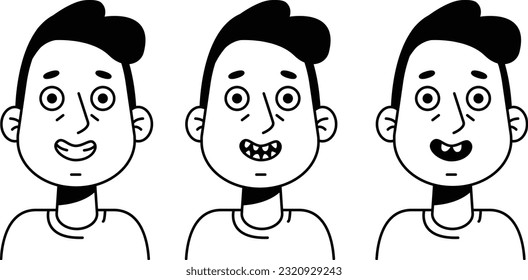 A boy's face with different emotions. The boy smiles and is sad.  A set with emotions. Icons with thin lines for websites, applications and design. Minimalistic flat style.