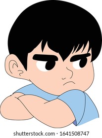 The boy's face expresses emotions, an angry child, the sad boy, a protested boy