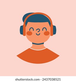 Boy's face in headphones with closed eyes. Avatar of cute teenage guy, kid, school boy portrait.Clip art with cartoon children. World Children's Day. Flat Design.