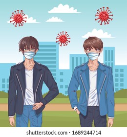 boys with face masks and covid19 particles on the city vector illustration design