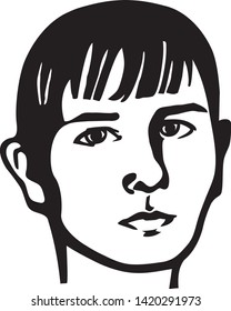 Boy's face on white background. Drawn male head. Male face