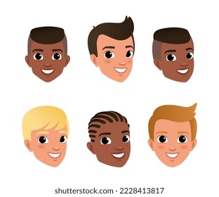 Boys faces set. Smiling boys characters creation, constructor for animation cartoon vector illustration