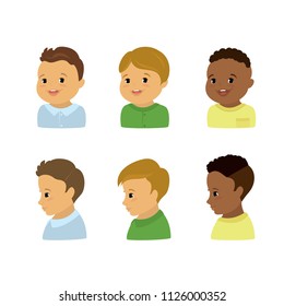 Boys faces,front and profile views,isolated on light background,flat vector illustration