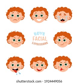 Boys Facial Expressions. Body Language. Naughty Boy Behavior. The Kid Is Teasing, Crying, Smiling, Frowning, Grieving, Laughing. Funny Child Face. Editable Vector Illustration In A  Flat Cartoon Style