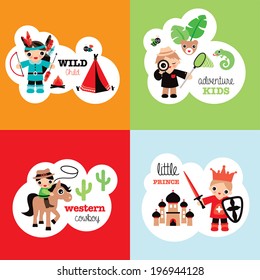 Boys fantasy theme retro bedroom wall poster set cowboy prince jungle adventure and indian wild child in vector