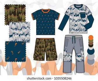 Boys' fashion Illustration with seamless patterns / Three seamless patterns saved in Pattern Swatch for textile or paper product / Isolated vector flat sketches and design elements in separate layers