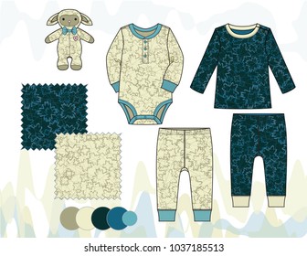 Boys' fashion Illustration with seamless patterns / Two seamless patterns saved in Swatches Panel for textile or paper product / Isolated vector flat sketches and design elements in separate layers