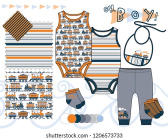 Boys' fashion Illustration with seamless patterns / Three seamless patterns saved in Pattern Swatch for textile and paper product / Isolated vector flat sketches and design elements in separate layers