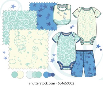 Boys' fashion Illustration with seamless patterns / Three seamless patterns saved in Pattern Swatch for textile and paper product / Isolated vector flat sketches and design elements in separate layers