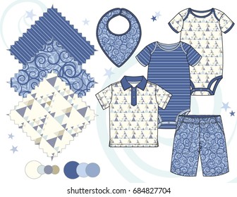 Boys' fashion Illustration with seamless patterns / Three seamless patterns saved in Pattern Swatch for textile and paper product /Isolated vector flat sketches and design elements in separate layers