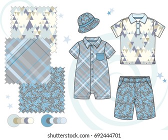 Boys' fashion Illustration with seamless patterns / Three seamless patterns saved in Pattern Swatch for textile and paper product / Isolated vector flat sketches and design elements in separate layers