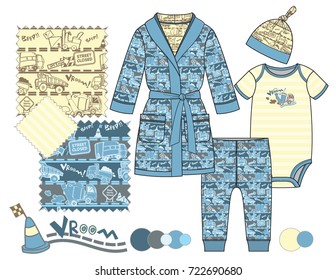 Boys' fashion Illustration with seamless patterns / Three  seamless patterns saved in Pattern Swatch for textile or paper product /Isolated vector flat sketches and design elements in separate layers