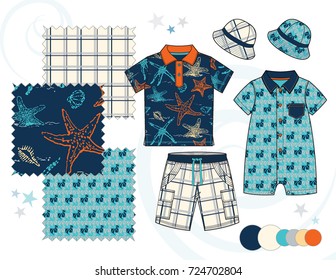 Boys' fashion Illustration with seamless patterns / Three seamless patterns saved in Swatches Panel for textile and paper product / Isolated vector flat sketches and design elements in separate layers