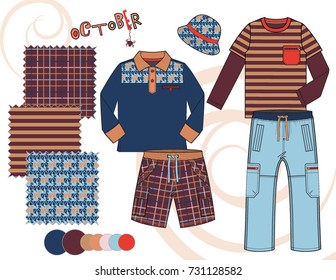 Boys' fashion Illustration with seamless patterns / Three seamless patterns saved in Pattern Swatch for textile or paper product / Isolated vector flat sketches and design elements in separate layers