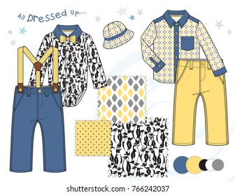 Boys' fashion Illustration with Three Seamless patterns / Allover Penguin Print and Geometric pattern saved in Swatches Panel / Isolated vector flat sketches and design elements in separate layers