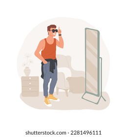Boys fashion isolated cartoon vector illustration. Teenage boy having hipster look standing in front of mirror, teens fashion, wearing clothing and accessories vector cartoon.