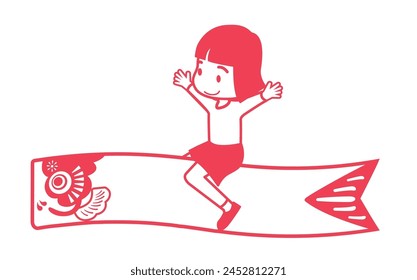 Boy's Festival Children's Day simple line drawing image illustration of a girl wearing a helmet riding a carp streamer