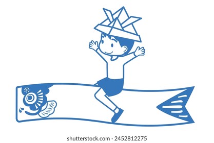 Boys' Festival Children's Day simple line drawing image illustration of a boy wearing a helmet riding a carp streamer