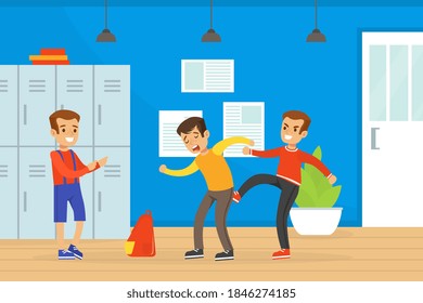 Boys Fighting at School, Boy Get Bullied by Another, Violence and Aggression between Children Concept Vector Illustration