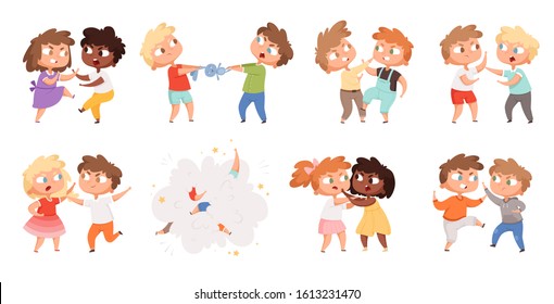 Boys Fighting. School Bully Angry Kids Punishing In Playground Vector Cartoon Characters Set