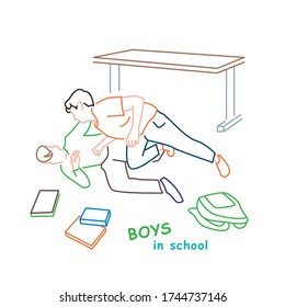 Jungen kämpfen in der Schule. Normales Leben ab der Kindheit. Kollegium kämpft. Gewaltpolitik. Teenagerverhalten Editierbare Vektor-Illustration in einfachem Konturstil, isoliert auf weißem Hintergrund