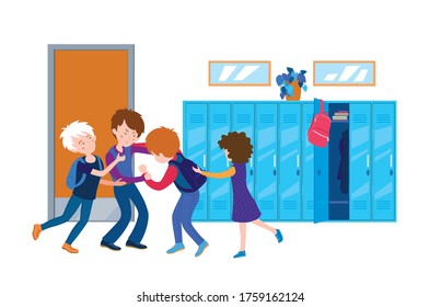 Niños peleando en la escuela. Situación normal desde la infancia. Pelea en la universidad. Política de violencia. Concepto de comportamiento adolescente. Ilustración vectorial editable en estilo de caricatura plana aislada en fondo blanco