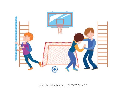 Boys fighting in school. Normal situation from childhood. College fight. Violence policy. Teenager behavior concept. Editable vector illustration in flat cartoon style isolated on white background