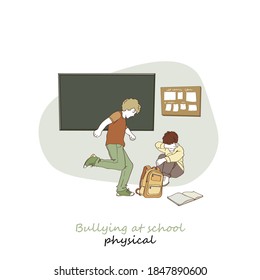 Niños peleando en la escuela. Situación normal desde la infancia. Pelea en la universidad. Política de violencia. Concepto de comportamiento adolescente. Ilustración editable en un estilo de esbozo simple aislado en fondo blanco