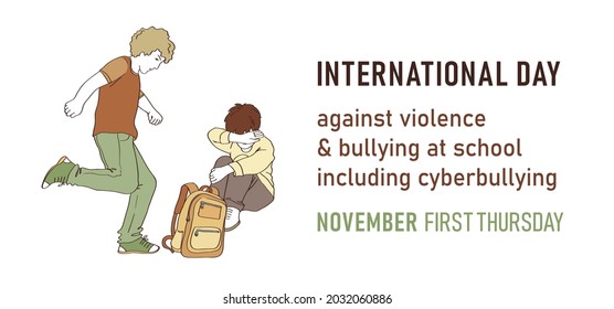 Boys fighting in school. Normal situation from childhood. College fight. Violence policy. Teenager behavior concept. Editable vector illustration in simple cartoon sketch style. Horizontal background