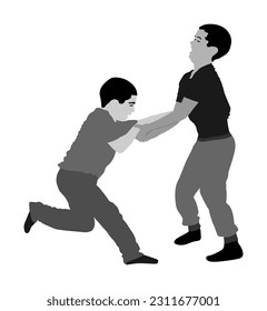 Boys fighting vector illustration isolated. Young brothers fight. Angry kid terror. Street hitting and punching after school. Bully abused neighbor child problematic behavior. Hit and punch in face.