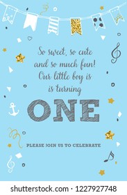 Boy's First Birthday One Year Party Printable Invitation Card