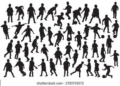 Boys football dynamics pose silhouettes set. Sport clip art on white background